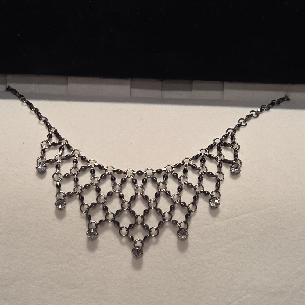 Gun Metal Gray Rhinestone Bib Party Prom Wedding Bridal Adjustable Necklace 18"